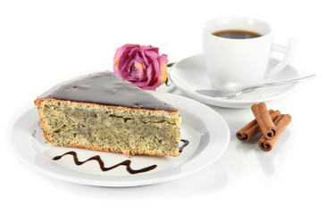 Delicious poppy seed cake with cup of coffee isolated on white