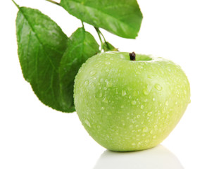 Juicy green apple with leaves, isolated on white