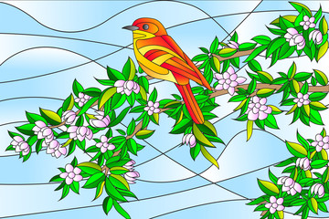 Naklejki  Ptak siedzący na drzewie Malarstwo witrażowe
