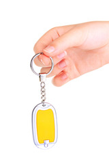 Keychain in hand  isolated on white