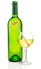 Bottle and glass of wine with thermometer, isolated on white
