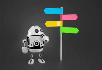 Robot looking at colorful way sign