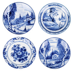 Souvenir plates painted under Gzhel with the traditional pattern