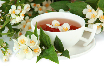 Cup of tea with jasmine, isolated on white