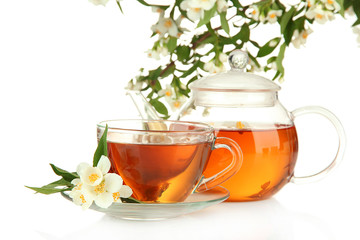 Cup of tea with jasmine, isolated on white