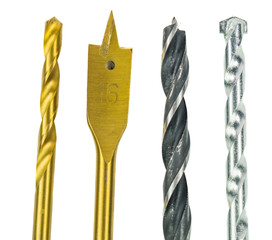 Various type of drill bits over white background