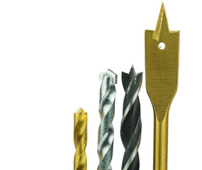 Various type of drill bits over white background