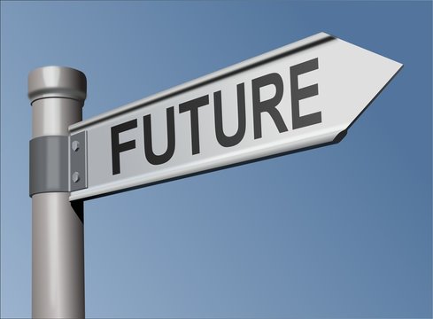 Guidepost with the word Future at blue background