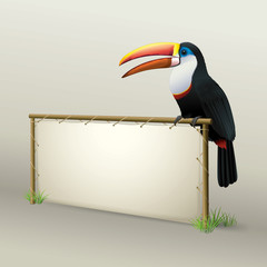Obraz premium Toucan Sitting on Natural Advertising Panel Wood