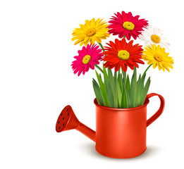 Fresh summer flowers in orange watering can. Vector illustration