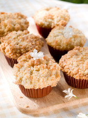 Sweet muffin with rhubarb, selective focus