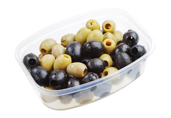 Green and black olives in a plastic packaging