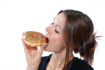 Woman enjoy chocolate donut cake