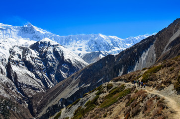 Fototapeta na wymiar Grupa wędrowców górskich plecakiem w Himalajach krajobrazu