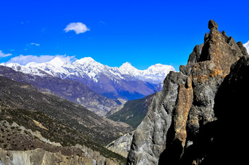 Fototapeta na wymiar Himalayas mountains valley and rock in the foreground