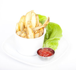 Potato Wedges on plate served with ketchup