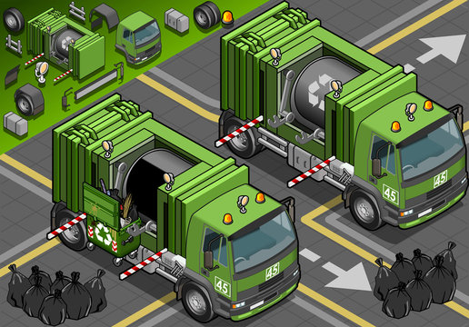 Isometric Garbage Truck in Front View