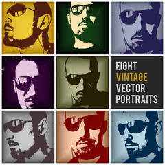 eight vintage vector portraits in different retro colors