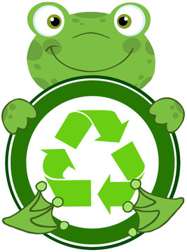 Happy Frog Hugging Banner With Recycle Symbol