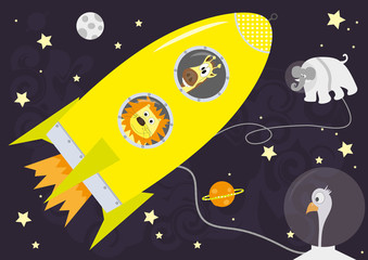 Yellow rocket and animals  in Space, horizontal