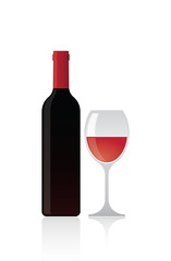 Isolated glass of red wine and a bottle