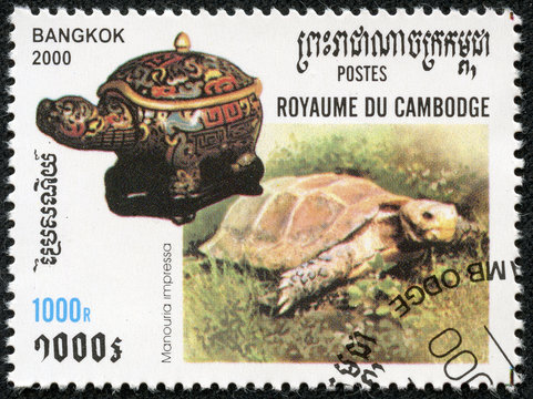 stamp printed in Cambodia shows a Chinese Box Turtle