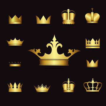 illustration set gold crowns on black background