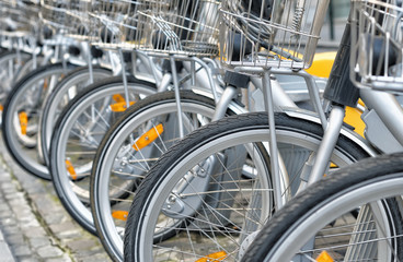 Bicycles for rent parked on the street in Brussels