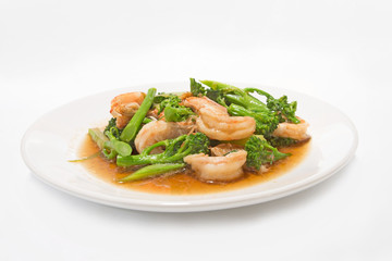 Prawns with broccoli fried sauce on white dish