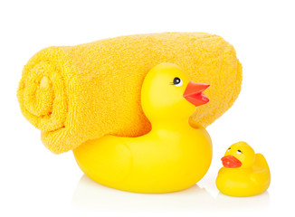Rubber duck with bath towel
