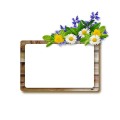 Wooden frame with green leaves, daisies, blue and yellow flowers