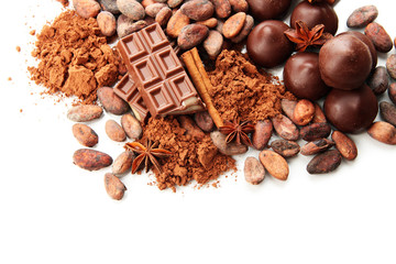 Composition of chocolate sweets, cocoa and spices, isolated