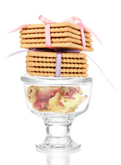 Sweet cookies tied with colorful ribbons isolated on white