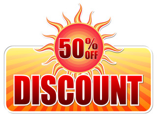 summer discount and 50 percentages off in label with sun
