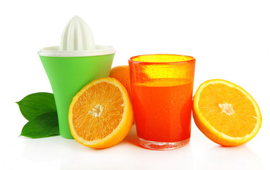 Citrus press, glass of juice and ripe oranges, isolated on
