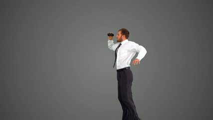 Businessman leaping and holding binoculars on grey background - Powered by Adobe