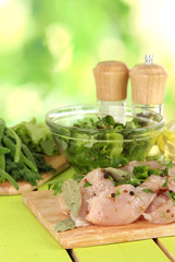 Chicken meat in glass plate,herbs and spices