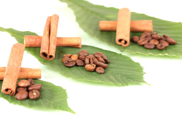 Coffee grains and cinnamon on sackcloth on green leafs close-up