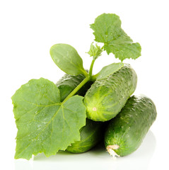 Tasty green cucumbers, isolated on white