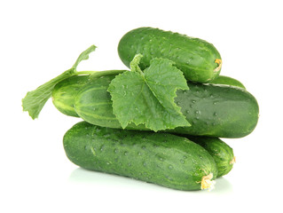Tasty green cucumbers, isolated on white