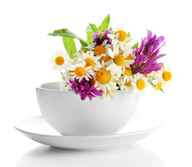 Beautiful wild flowers and mint in cup, isolated on white