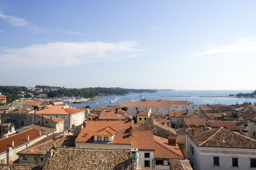 Panoramic view of down town Porec from the basilica tower, Istra