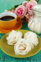 Sugar roses and natural roses, glass jar with sugar,