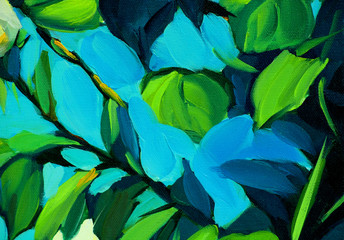 leaves against the blue sky, painting by oil on canvas, illustra