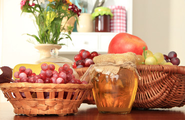 Kitchen composition on table on shelf background