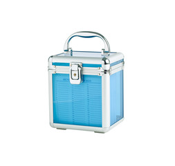 A plastic cd or dvd box with aluminum handle
