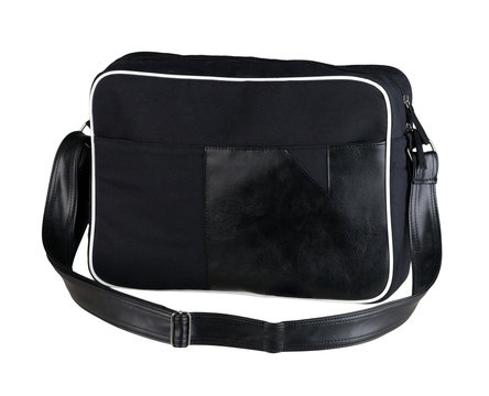 Black Cloth Laptop Bag Decorated By Black Leather