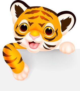 Cute tiger with blank sign