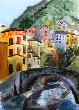 Fototapeta watercolor house and bridge