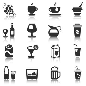 black beverage icons with reflection